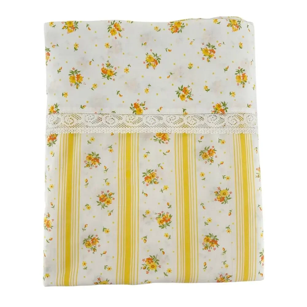 70s Cottagecore Yellow Striped Floral Sheet 1970s Vintage Queen Flat